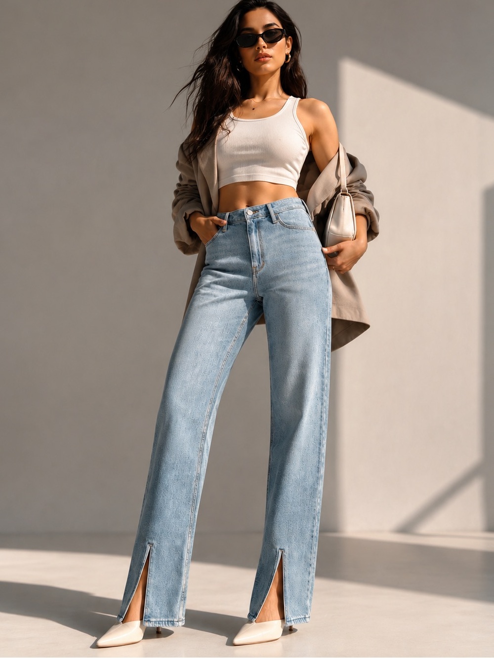 Hollister High Rise Dad Jeans Front Slit Light Wash W27 Y2k Scandi Minimalist